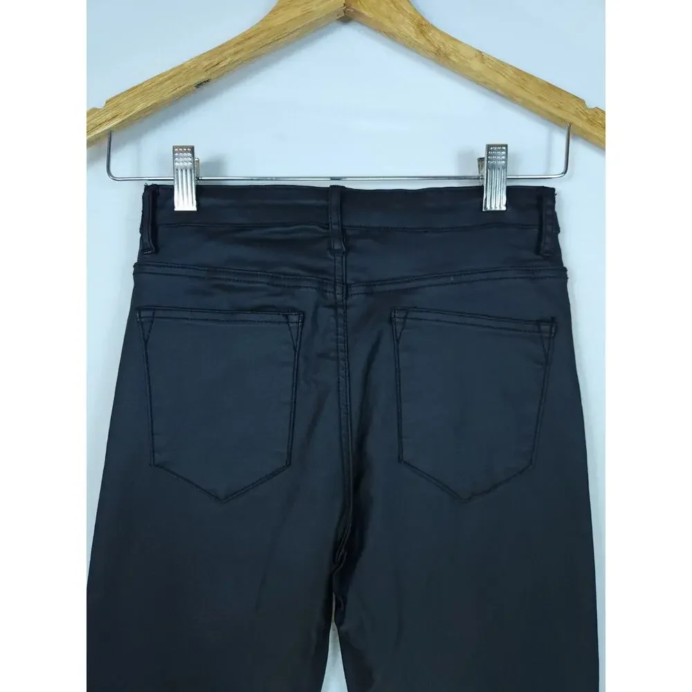 Edikted Medium High-rise Black Coated Faux Leather Flare And Stretchy Pants - Picture 8 of 12